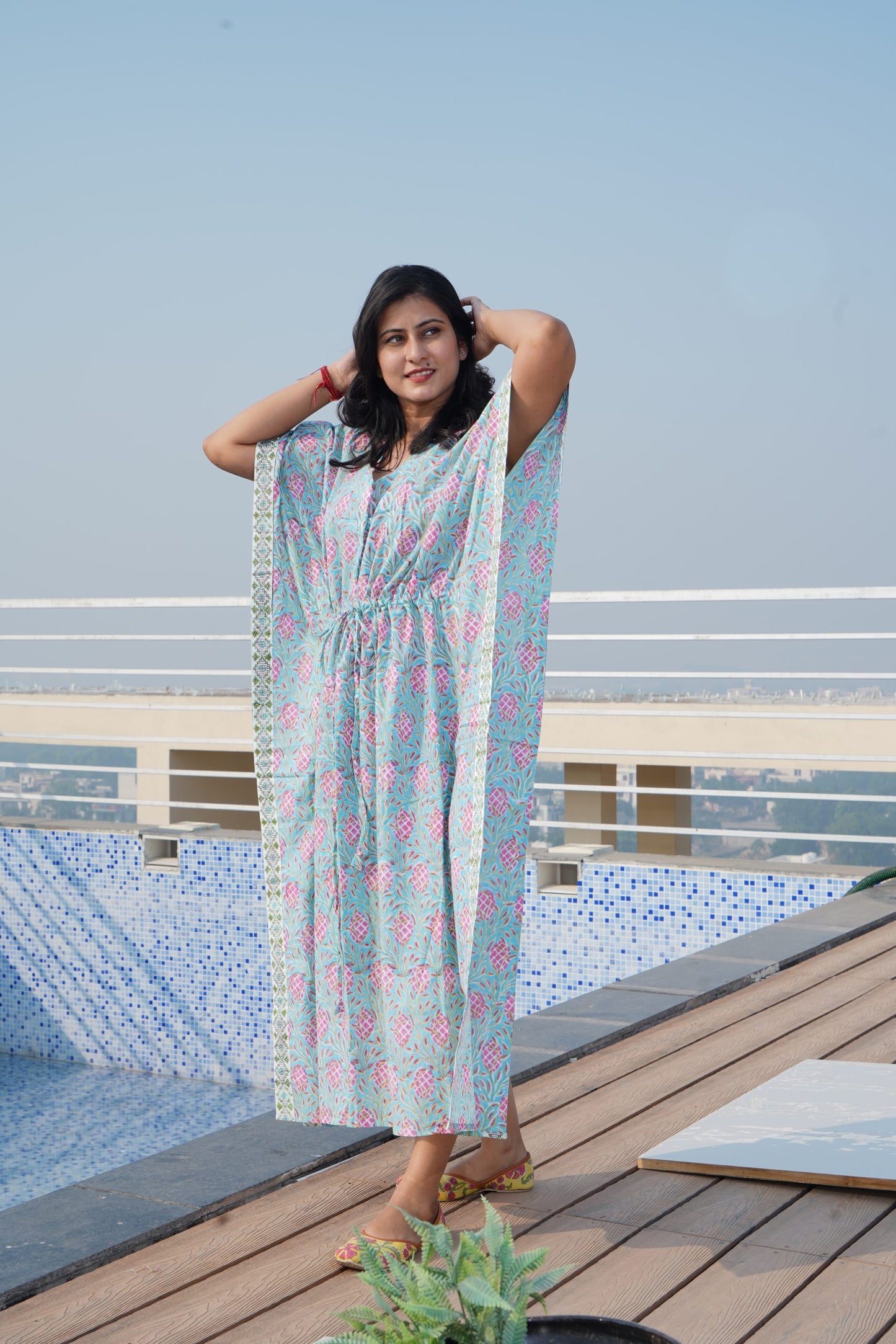 Blue Floral Printed Cotton Kaftan