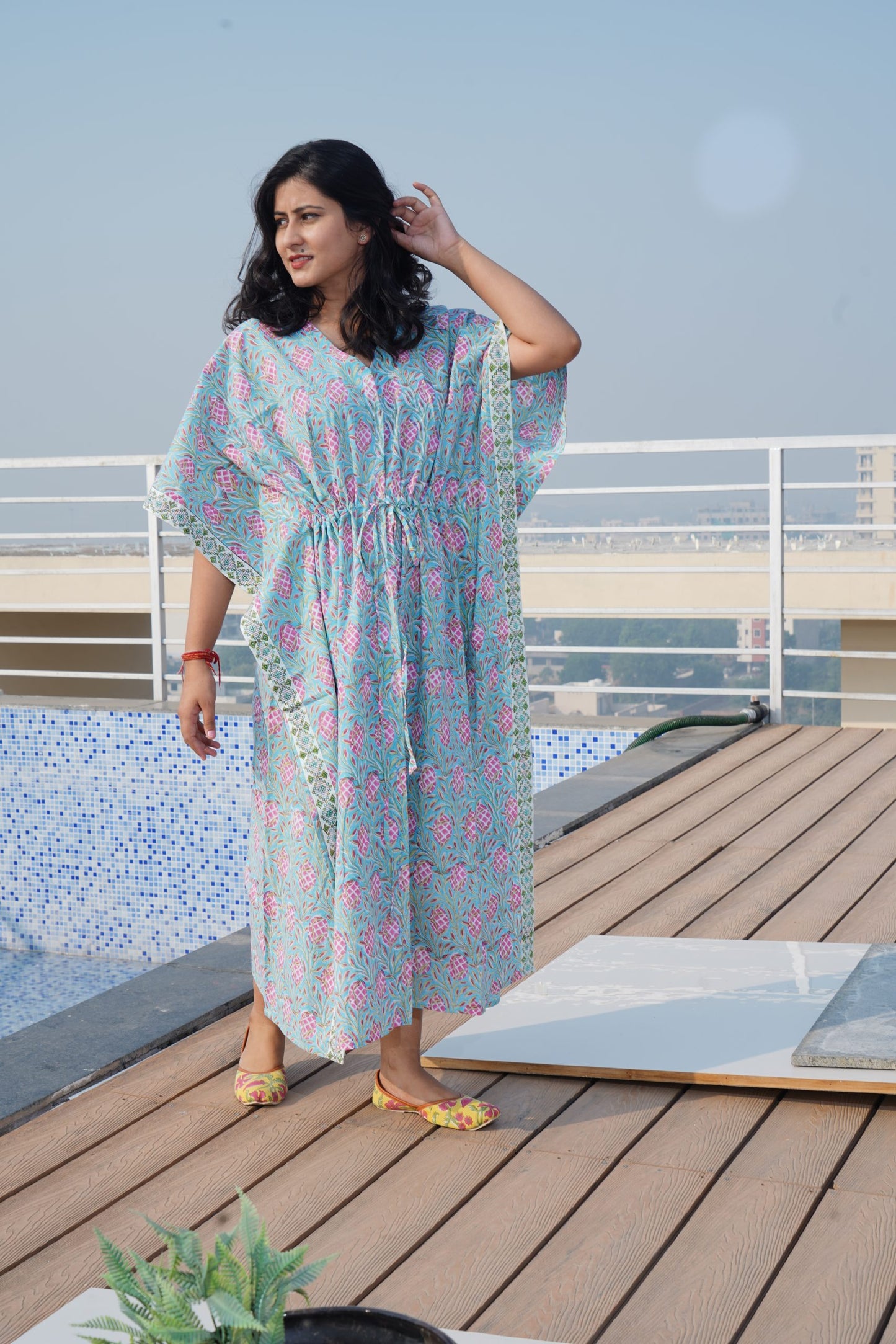 Blue Floral Printed Cotton Kaftan