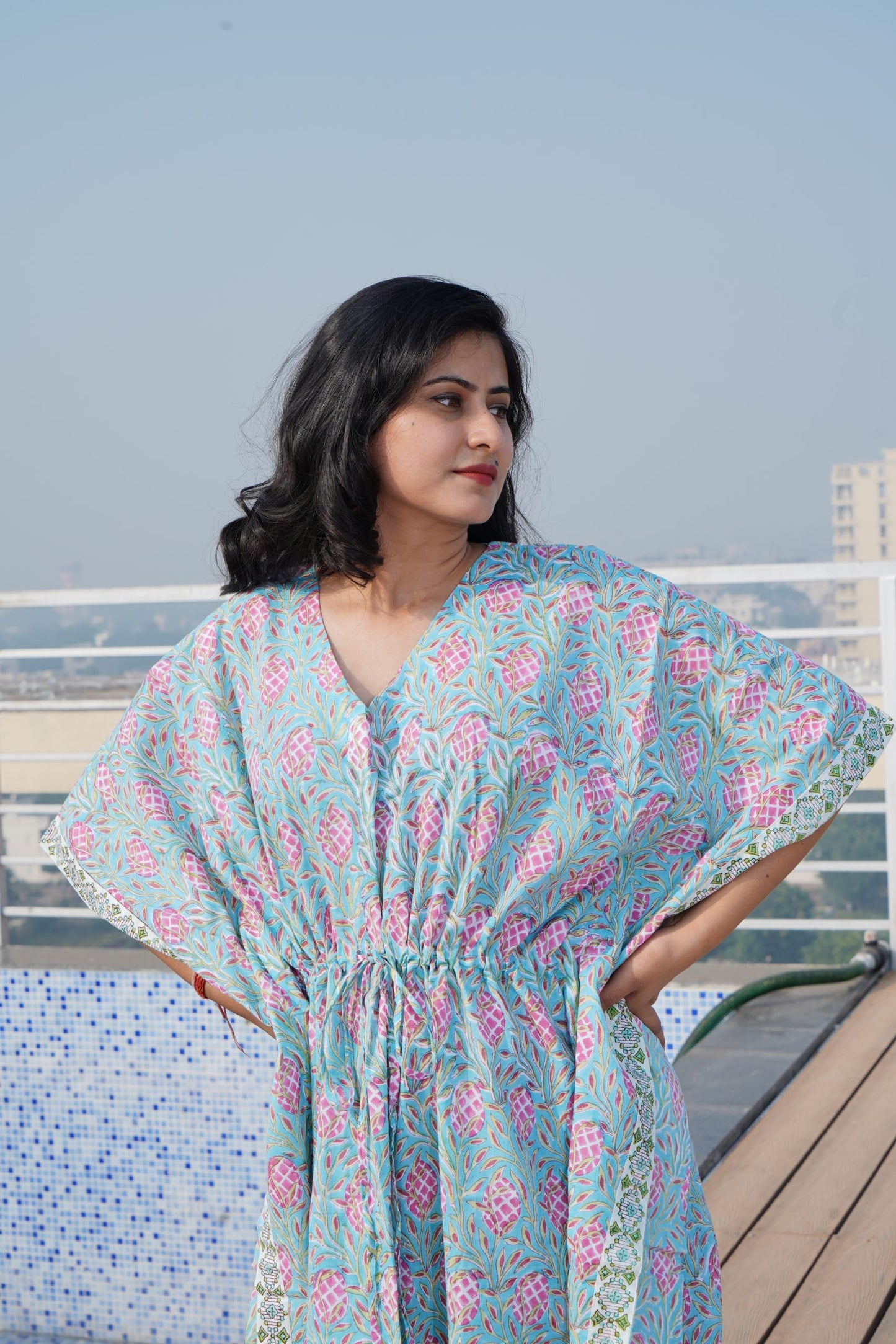 Blue Floral Printed Cotton Kaftan