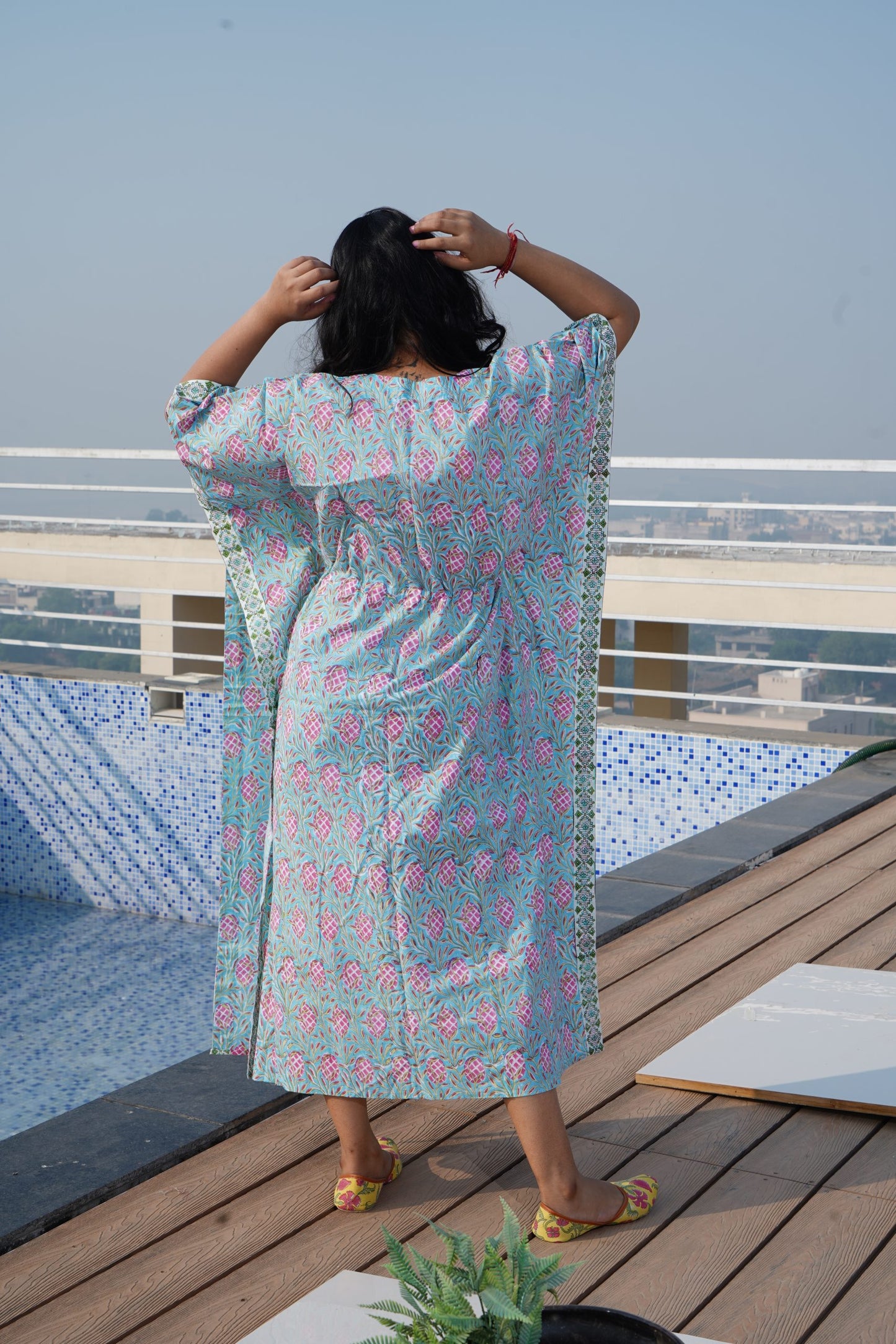 Blue Floral Printed Cotton Kaftan