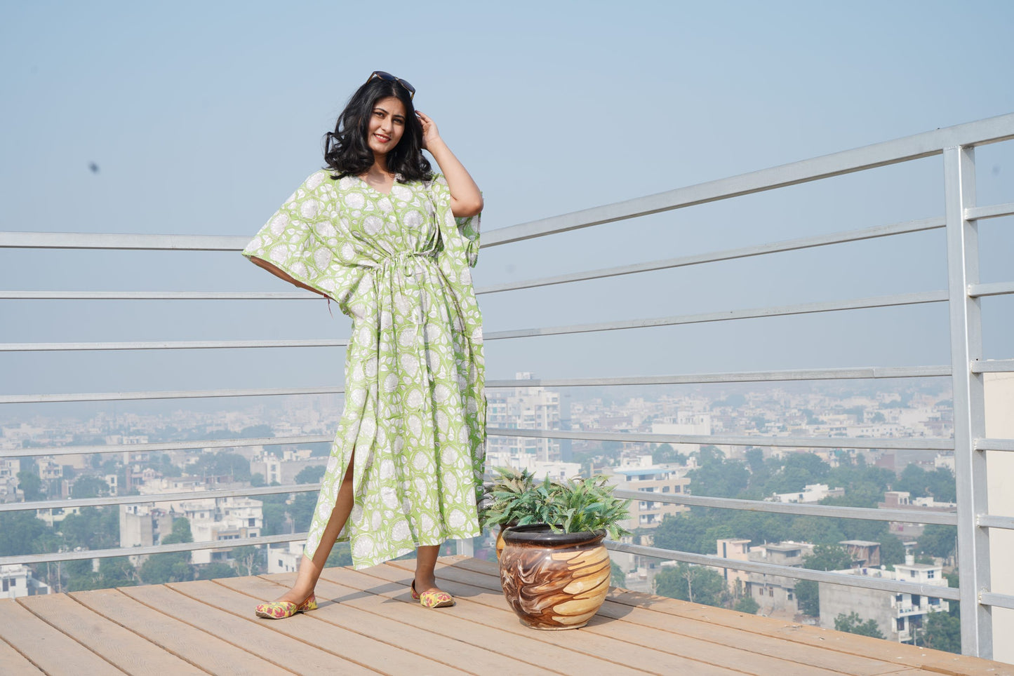 Green Printed Cotton Kaftan