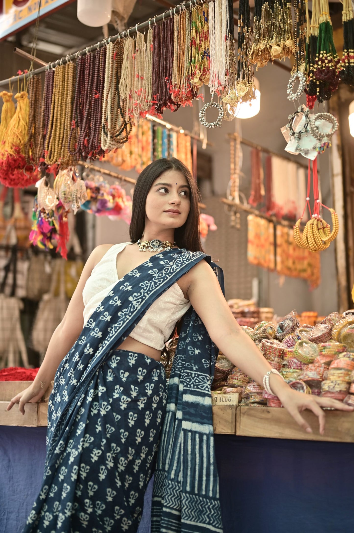 Indigo Mul Mul Hand Block Printed Saree