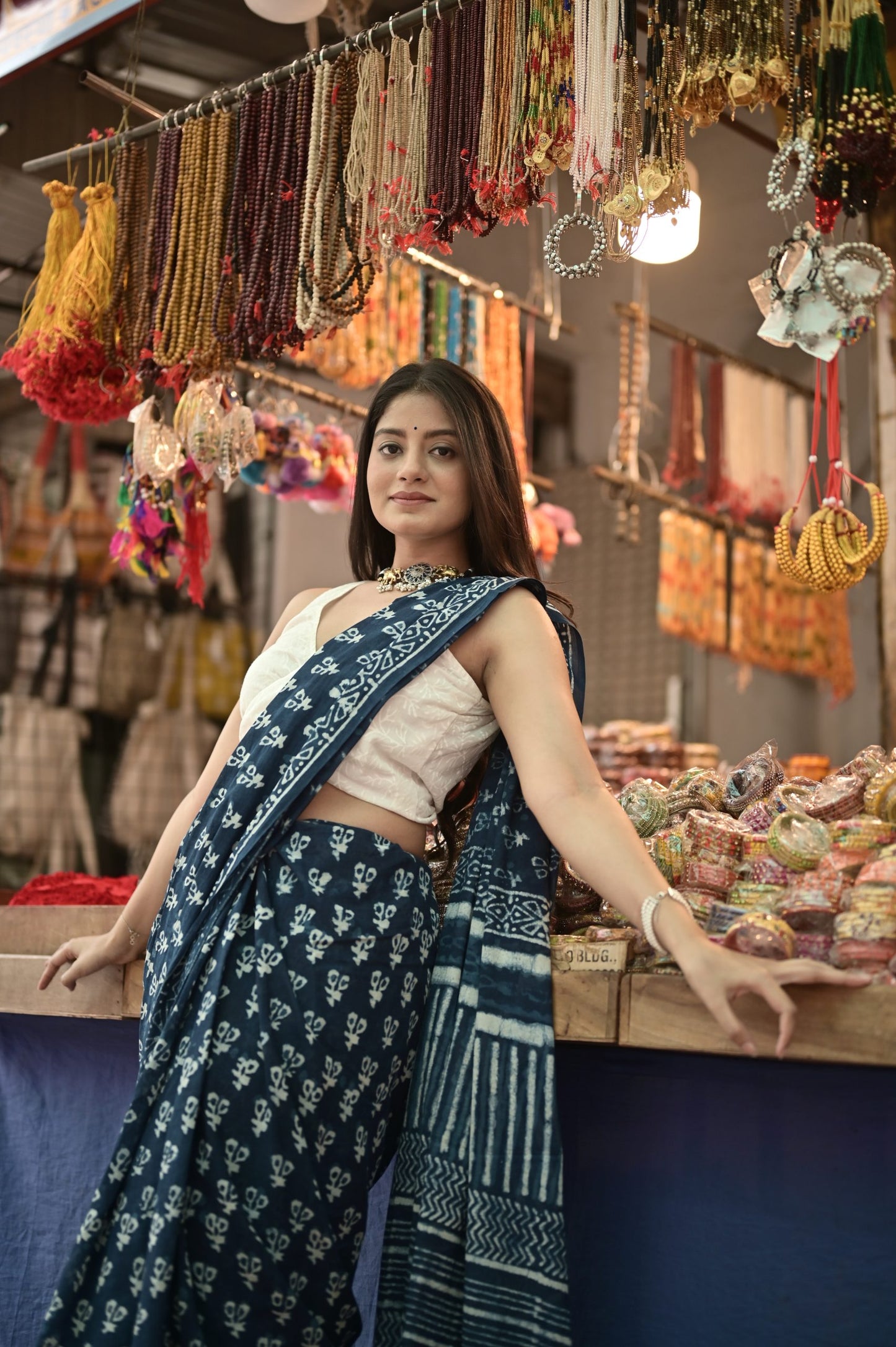 Indigo Mul Mul Hand Block Printed Saree