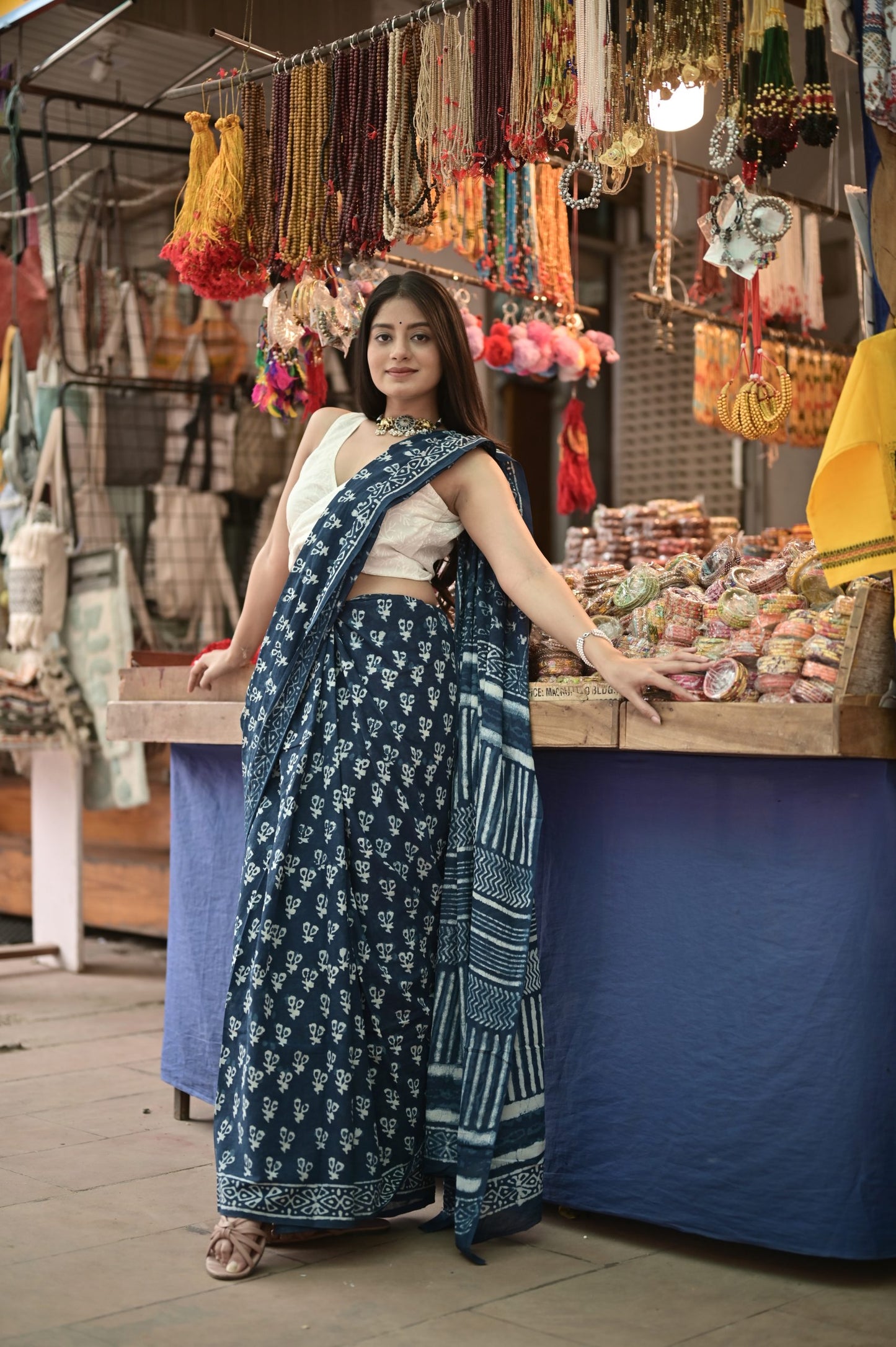 Indigo Mul Mul Hand Block Printed Saree