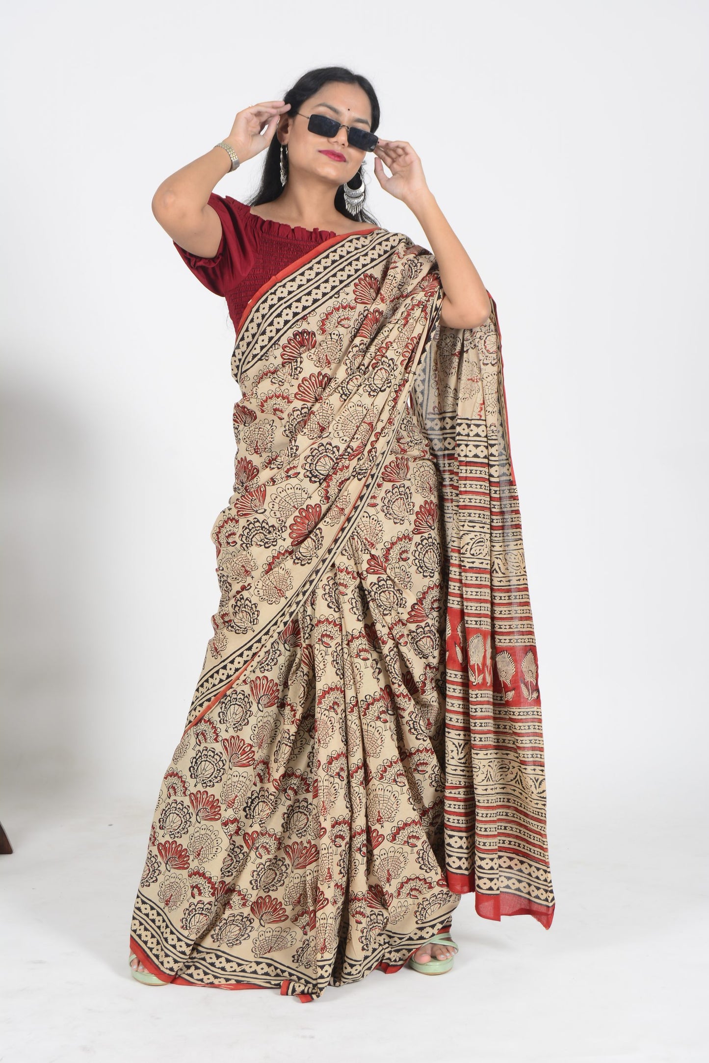 Light Brown and Red Bagru Saree