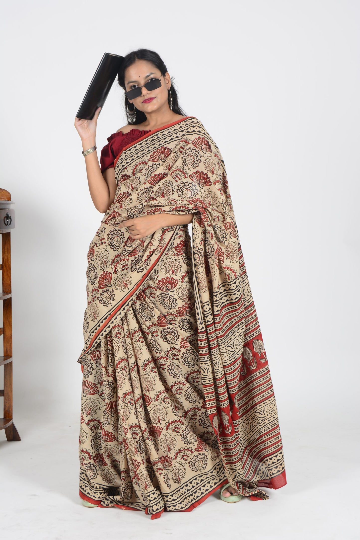 Light Brown and Red Bagru Saree