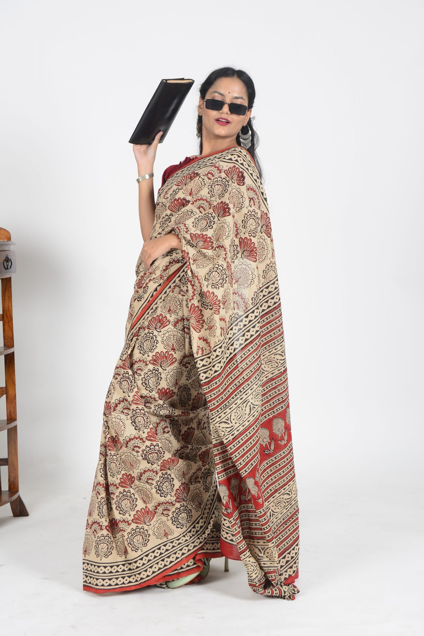 Light Brown and Red Bagru Saree