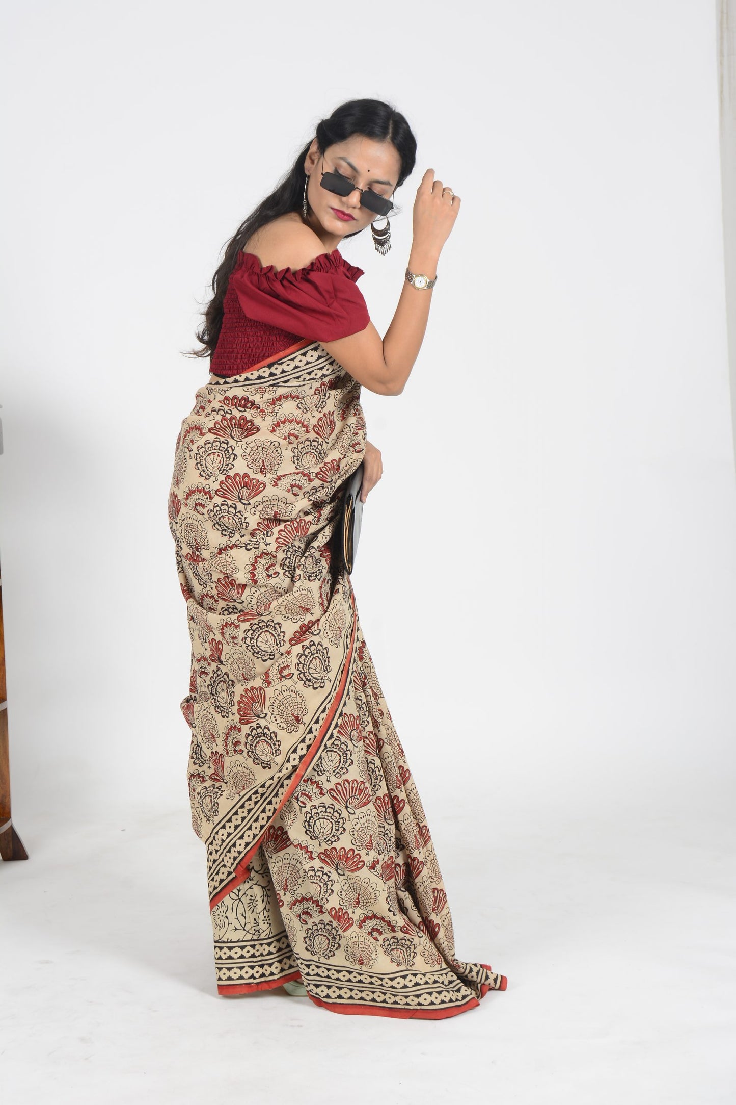 Light Brown and Red Bagru Saree
