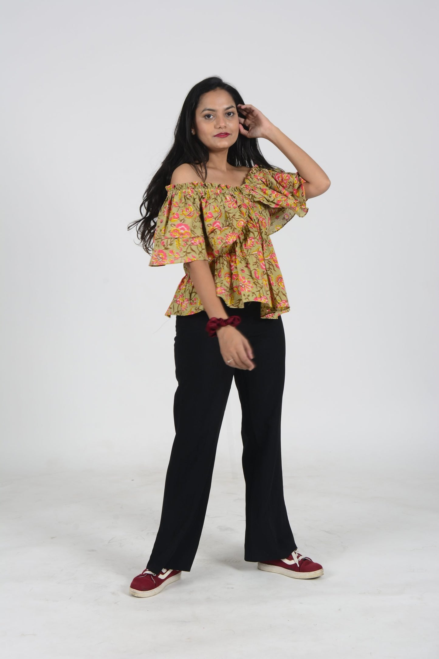Green Floral Ruffle Top