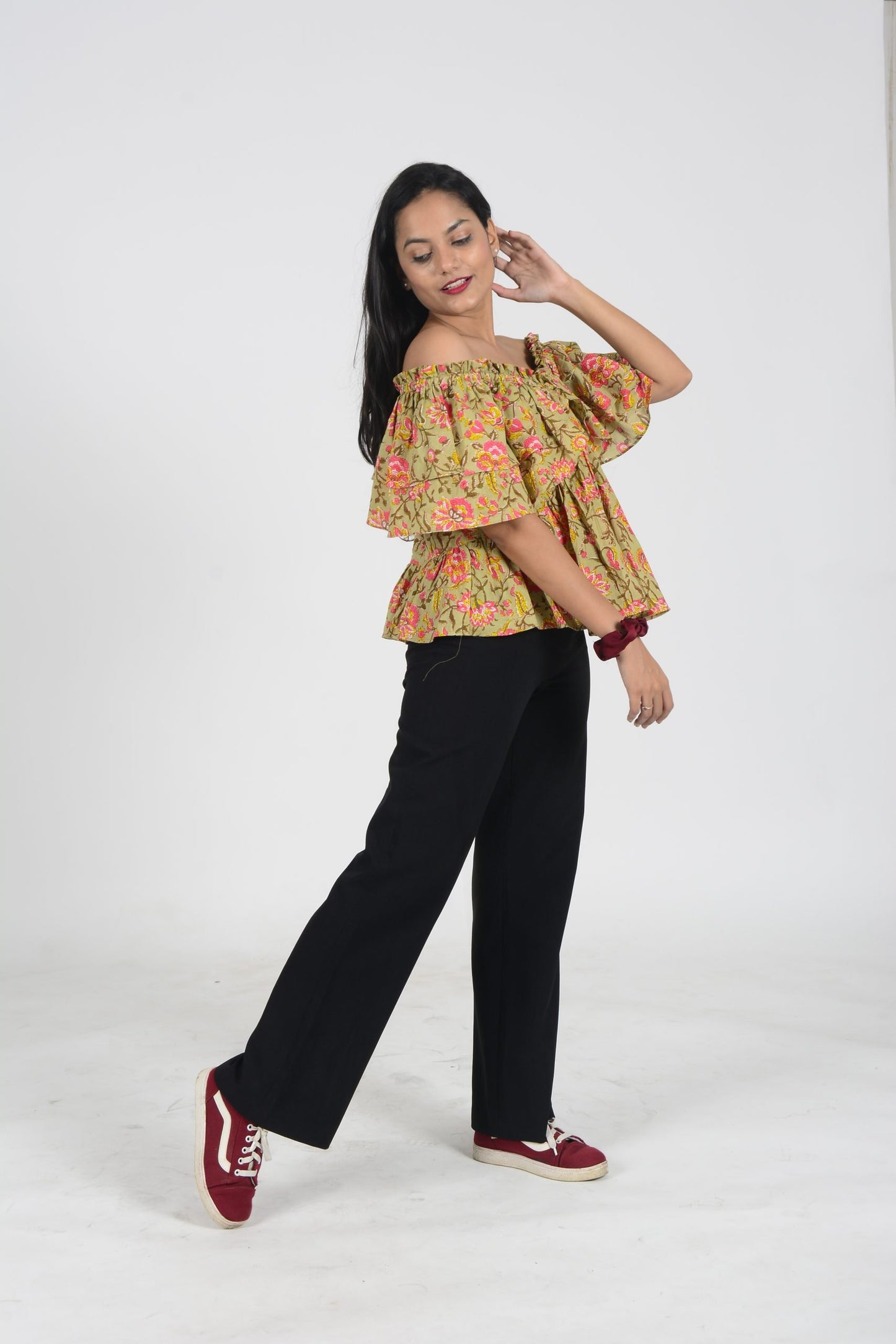 Green Floral Ruffle Top