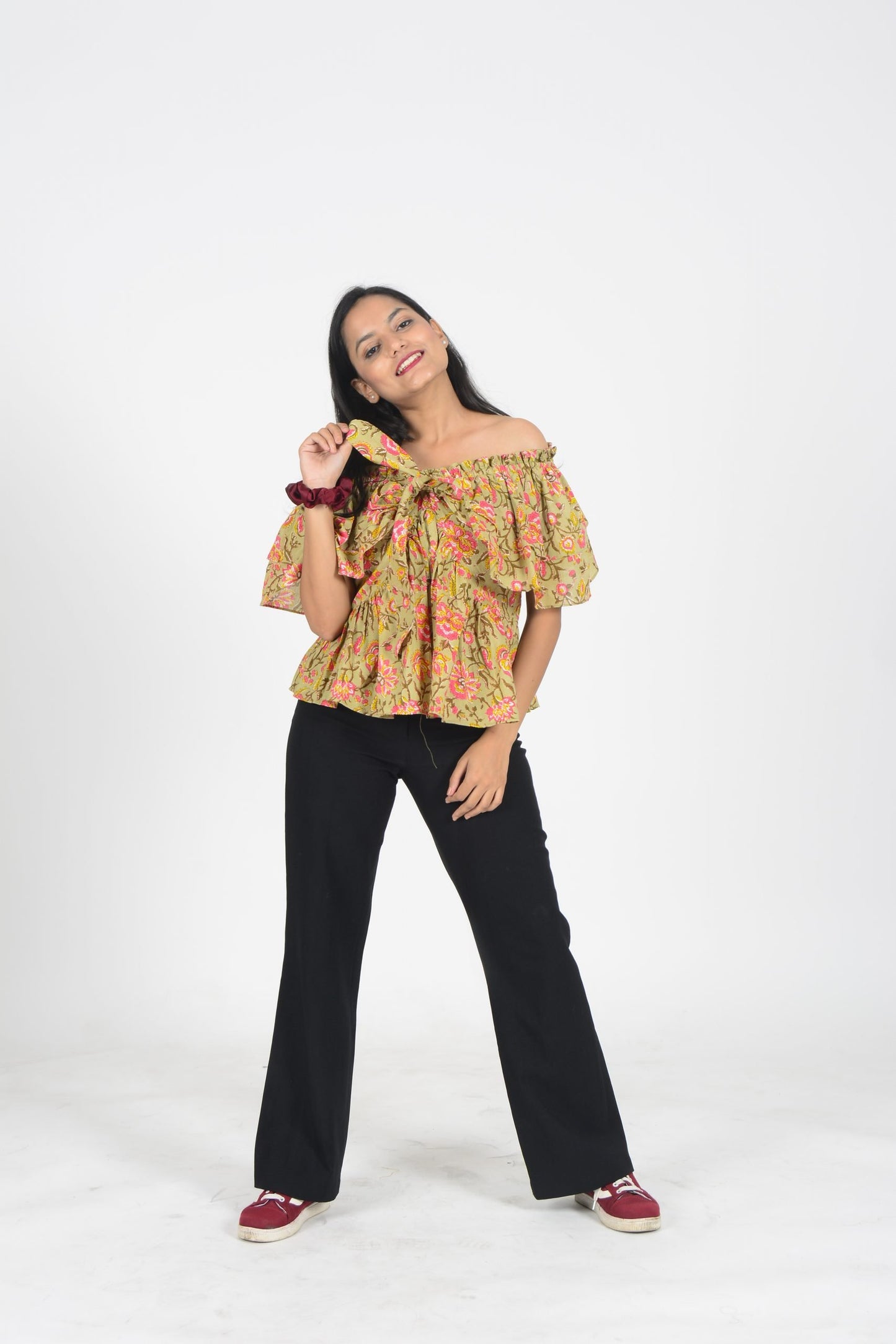 Green Floral Ruffle Top