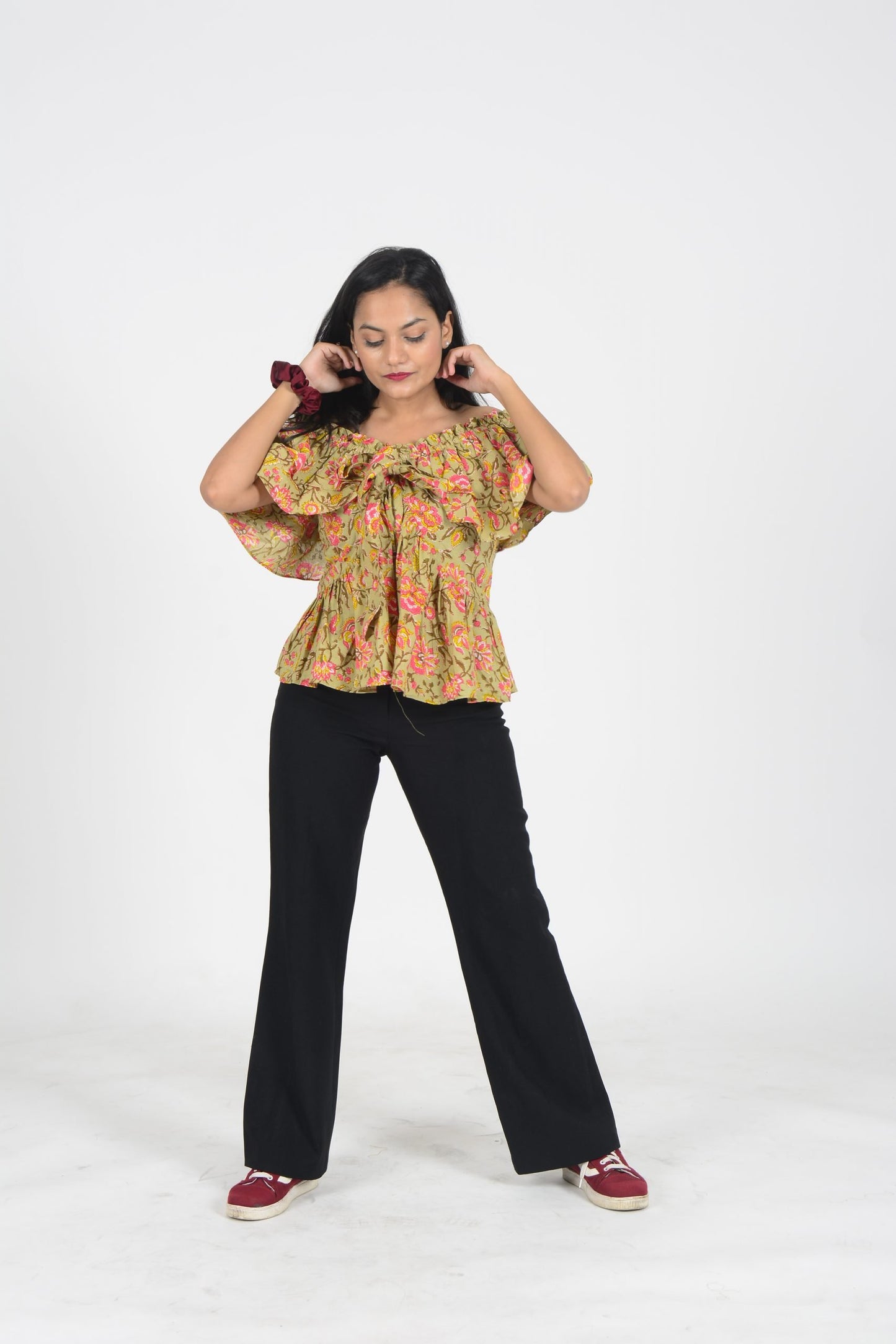 Green Floral Ruffle Top
