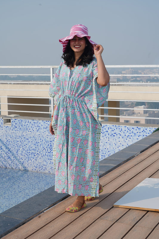 Blue Floral Printed Cotton Kaftan