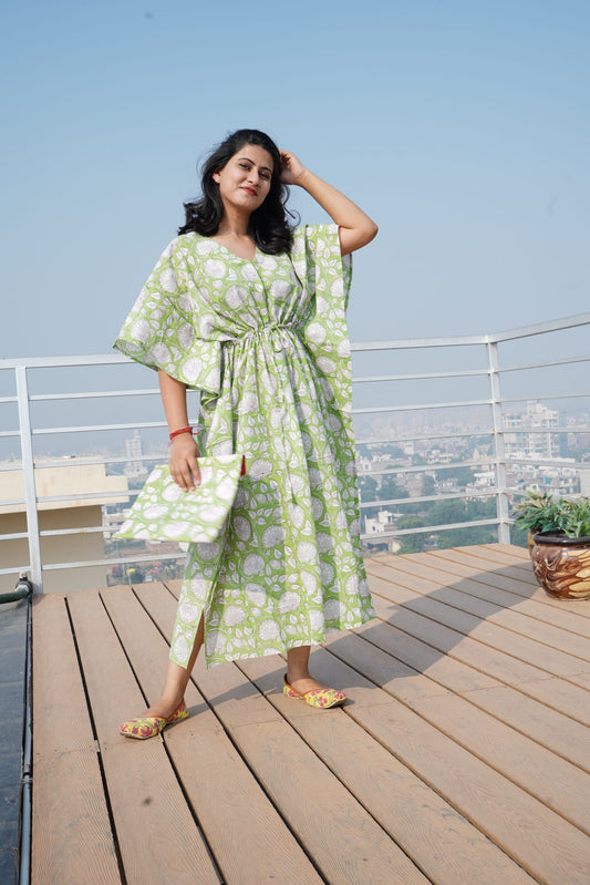 Green Printed Cotton Kaftan