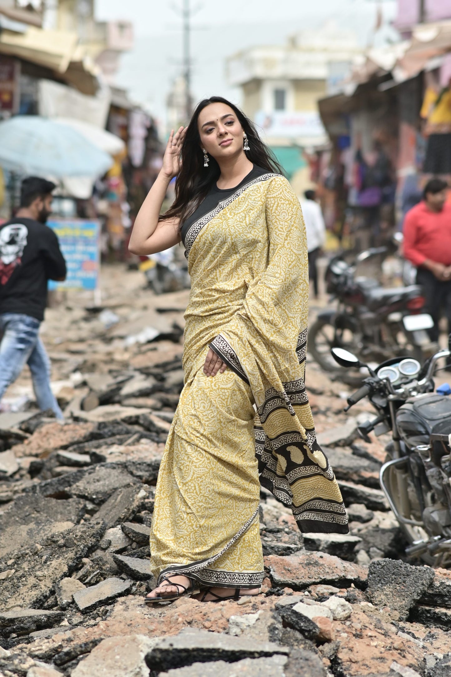 Mustard Mul Mul Hand Block Printed Saree