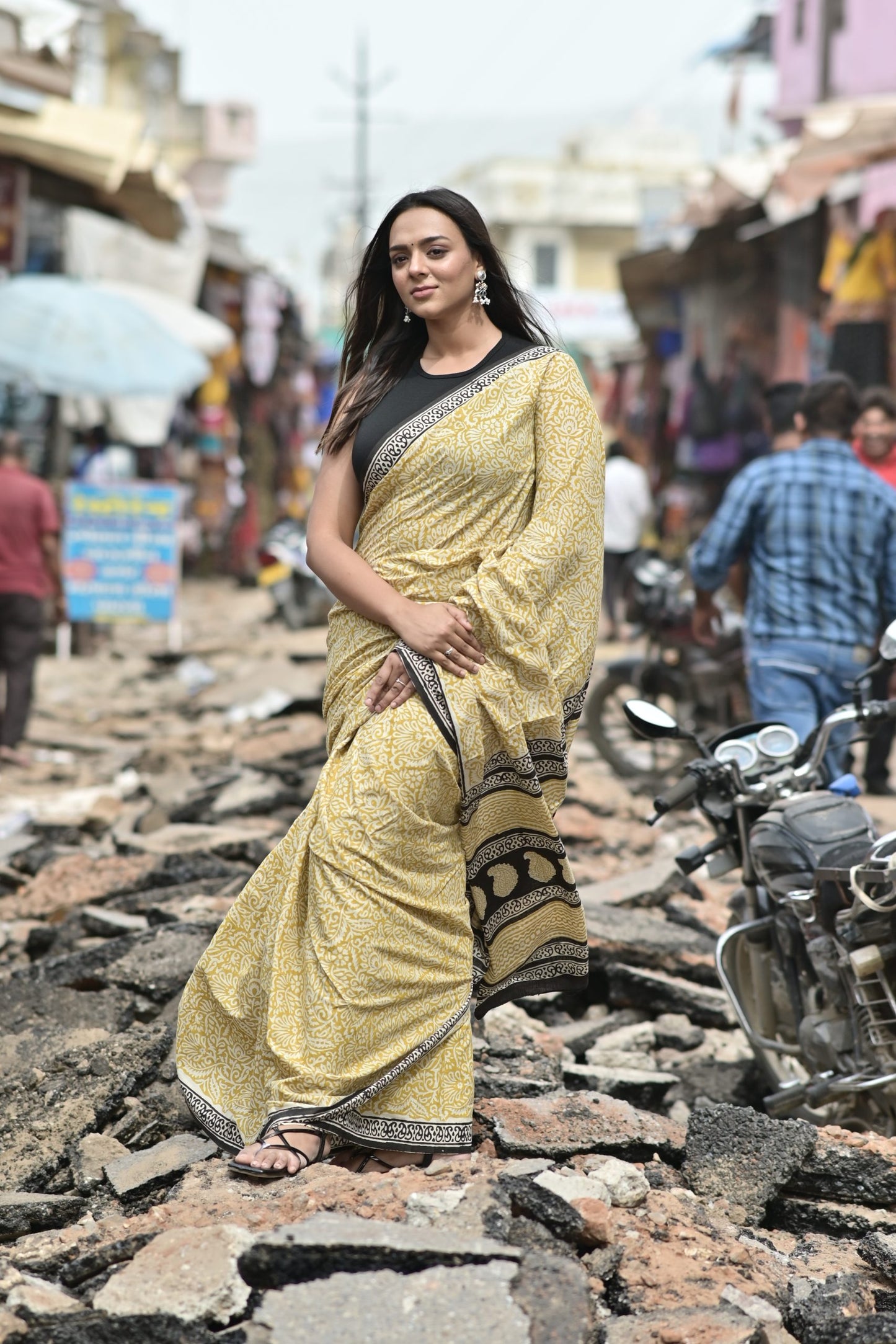 Mustard Mul Mul Hand Block Printed Saree