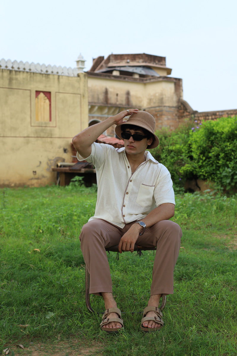 NAWAB SHIRT WITH RED BUTTON HOLE EMBROIDERY