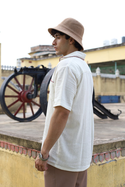 NAWAB SHIRT WITH RED BUTTON HOLE EMBROIDERY