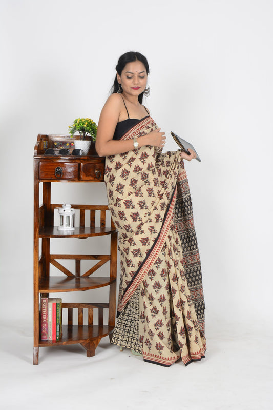 Beige Bagru Saree