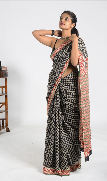 Multicolor Black-Beige-Red Bagru Saree