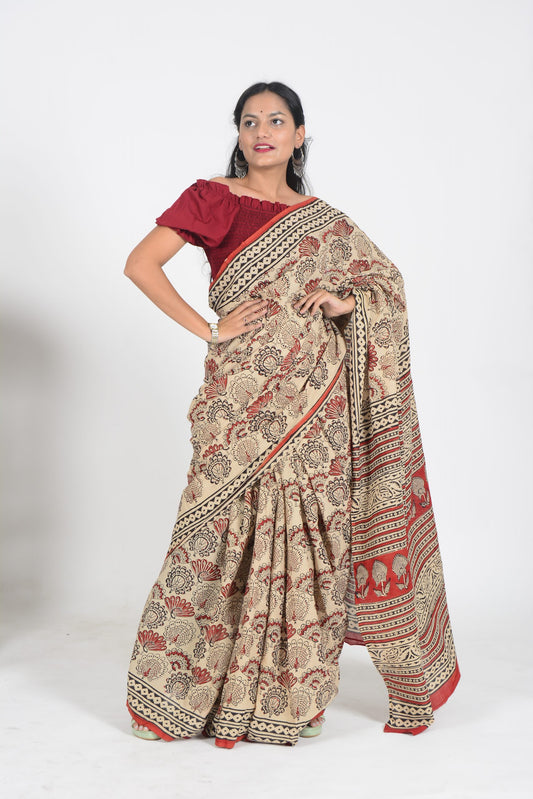 Light Brown and Red Bagru Saree