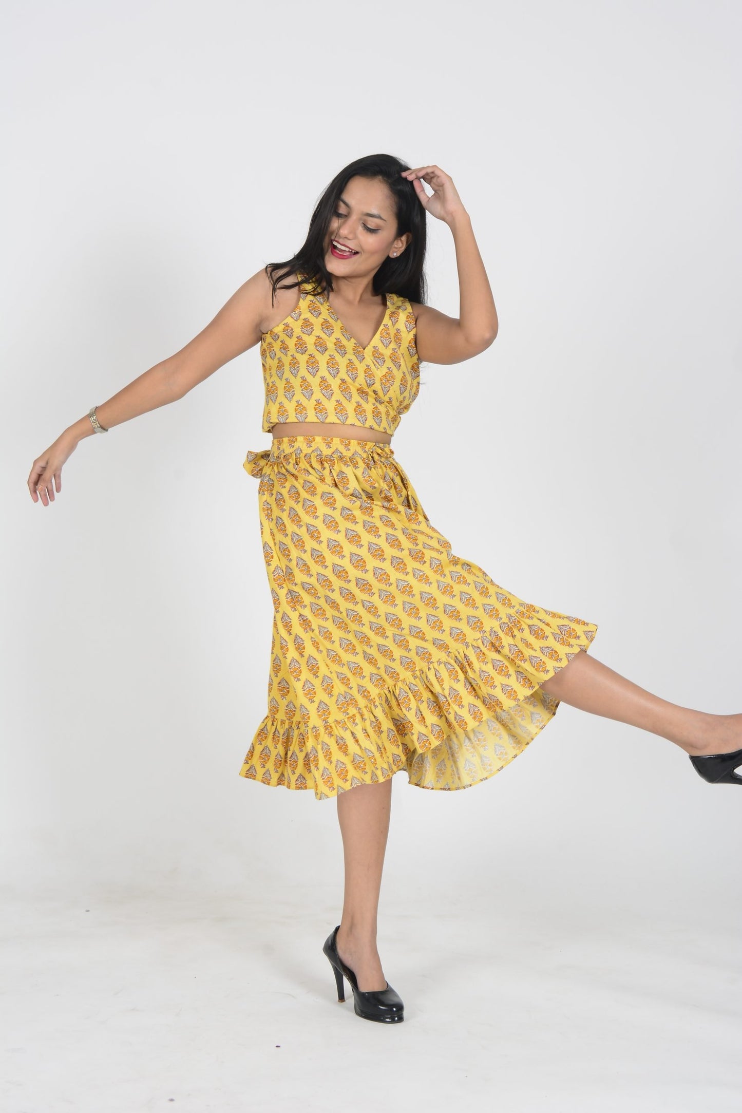 Iksha Mustard Skirt & Tie Up Top Co-Ord Set