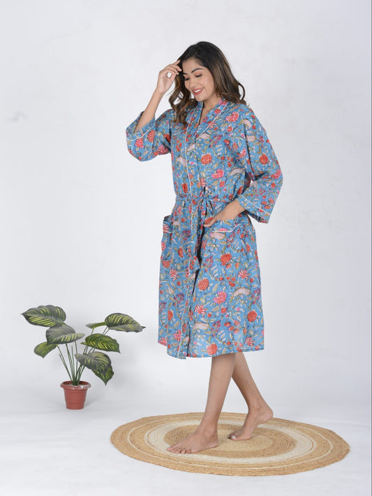 Blue Printed Cotton Bathrobe