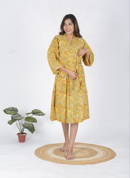 Mustard Printed Cotton Bathrobe