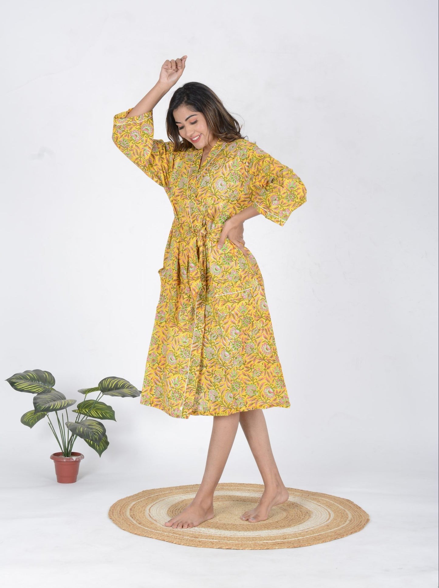 Mustard Printed Cotton Bathrobe