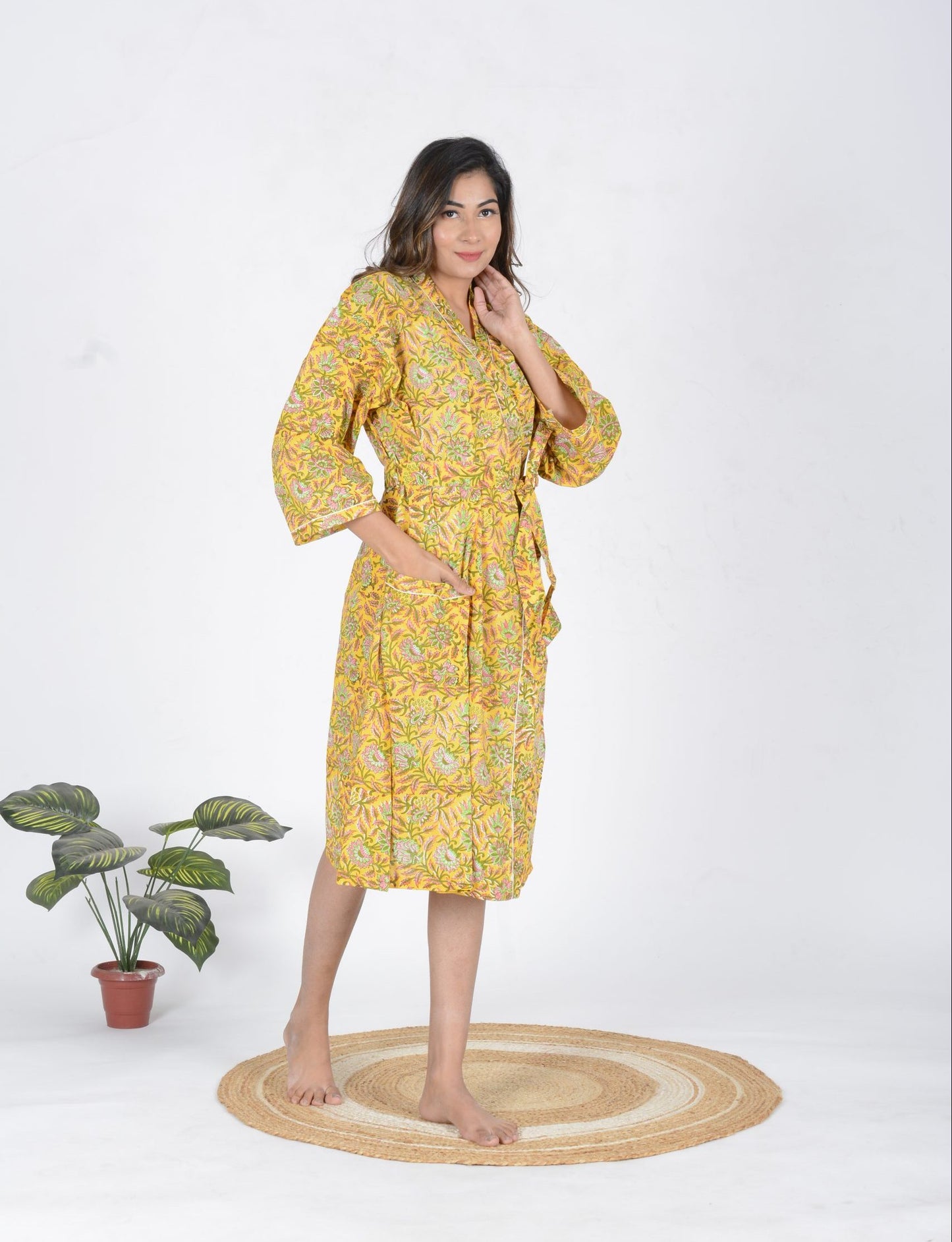 Mustard Printed Cotton Bathrobe