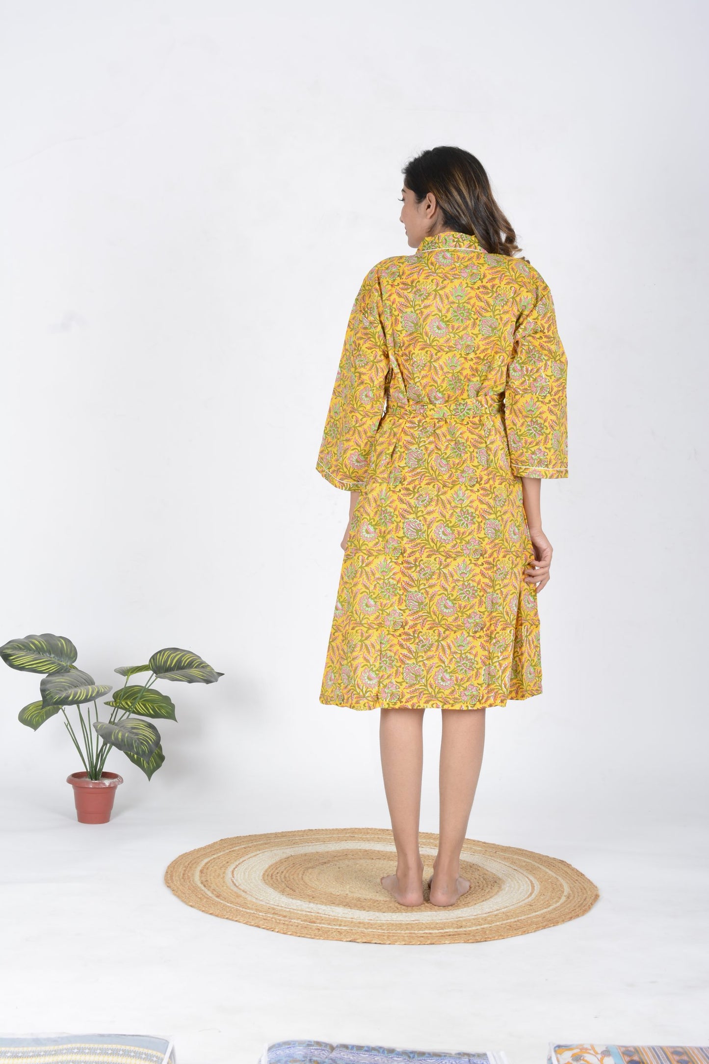 Mustard Printed Cotton Bathrobe