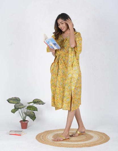 Mustard Printed Cotton Kaftan