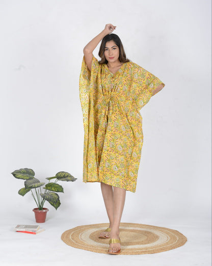 Mustard Printed Cotton Kaftan