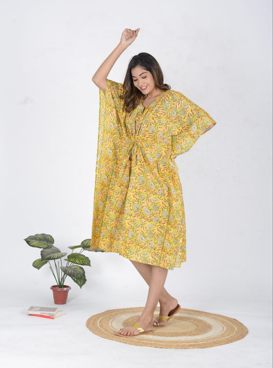 Mustard Printed Cotton Kaftan