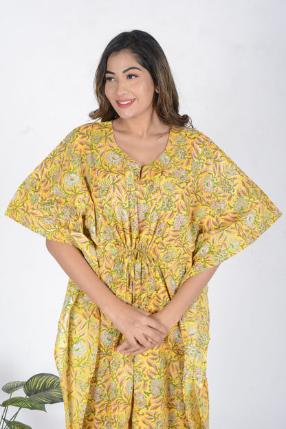 Mustard Printed Cotton Kaftan